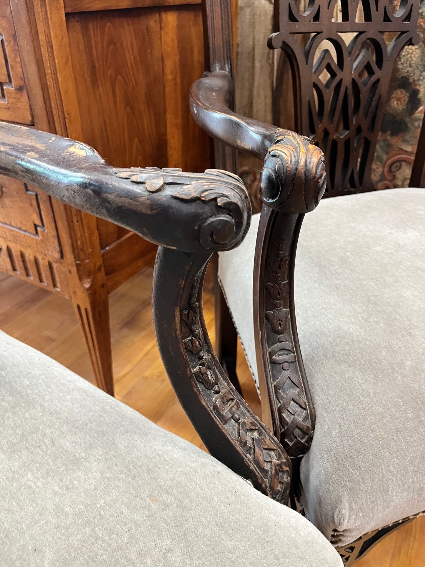 Late 1800s chippendale-style chinoiserie carved arm chair (sold separately)