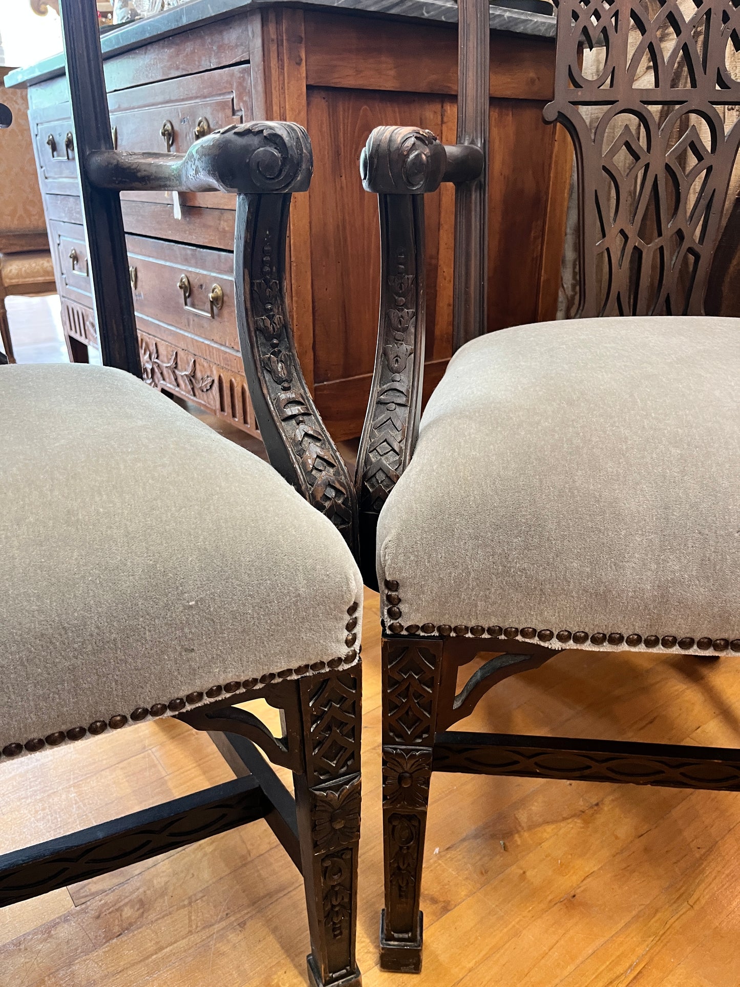 Late 1800s chippendale-style chinoiserie carved arm chair (sold separately)