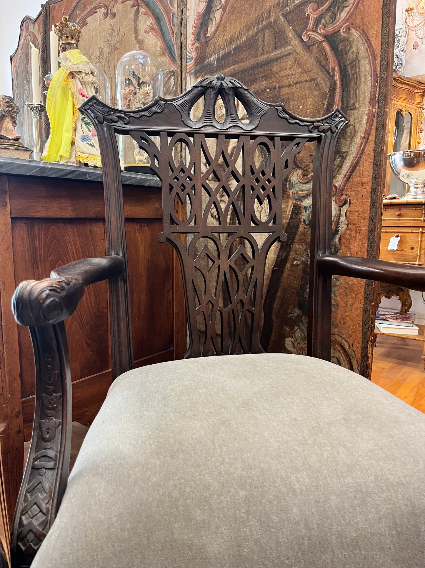 Late 1800s chippendale-style chinoiserie carved arm chair (sold separately)
