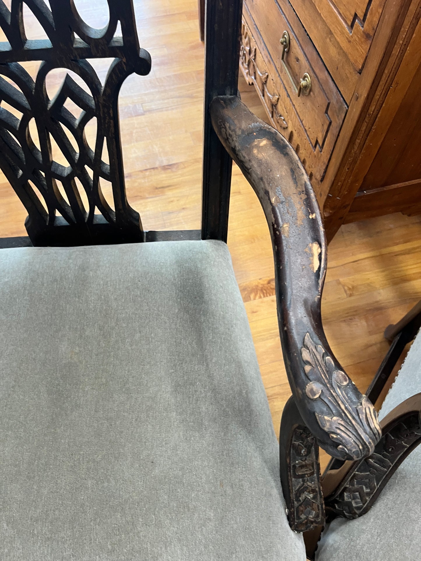 Late 1800s chippendale-style chinoiserie carved arm chair (sold separately)