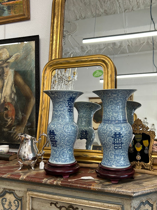Pair of Chinese Blue and White Double Happiness Vases