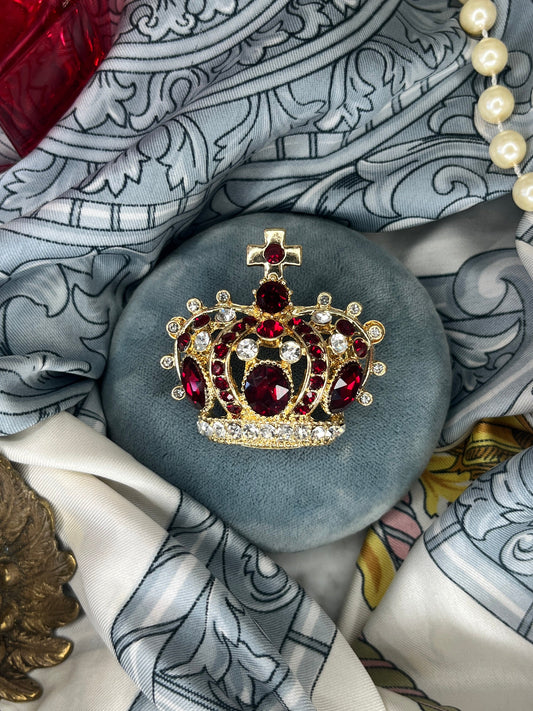 NEW Golden Crown Brooch, Crown Red Gem and Rhinestones