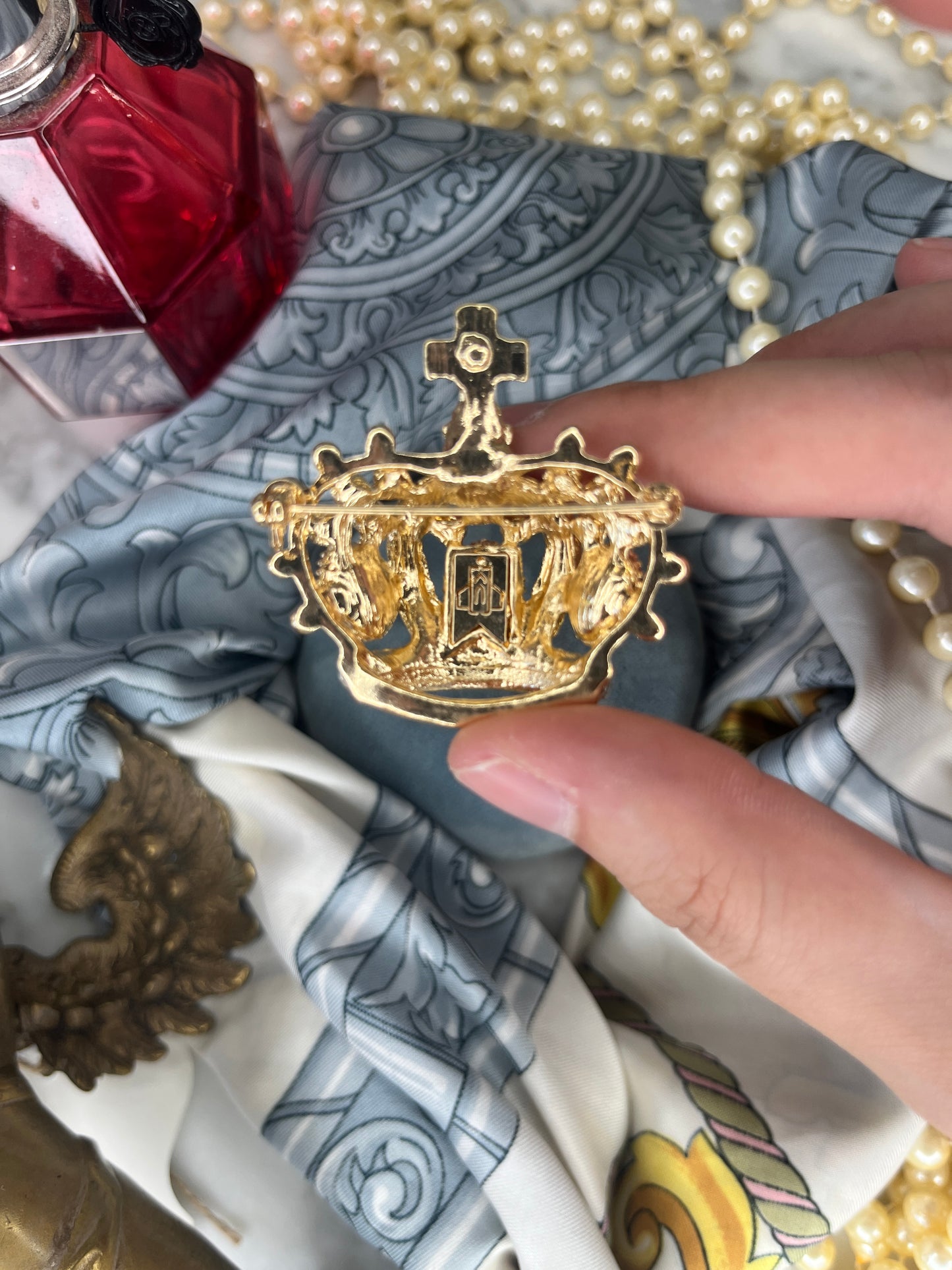 NEW Golden Crown Brooch, Crown Red Gem and Rhinestones