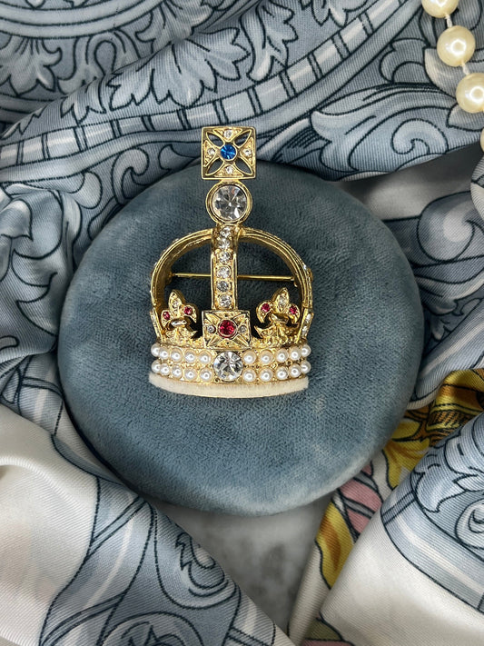 Vintage Rhinestone Faux Pearl Crown Brooch