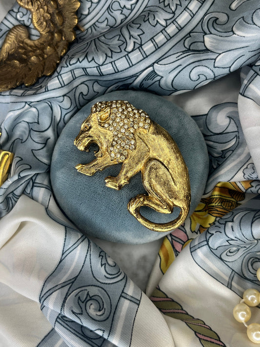 Vintage Lion Brooch with Rhinestones