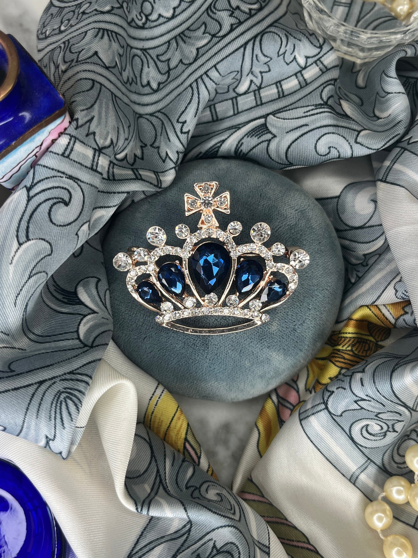 Vintage Crown Brooch, Rose Gold with Blue Stones
