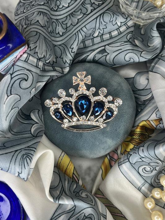 Vintage Crown Brooch, Rose Gold with Blue Stones