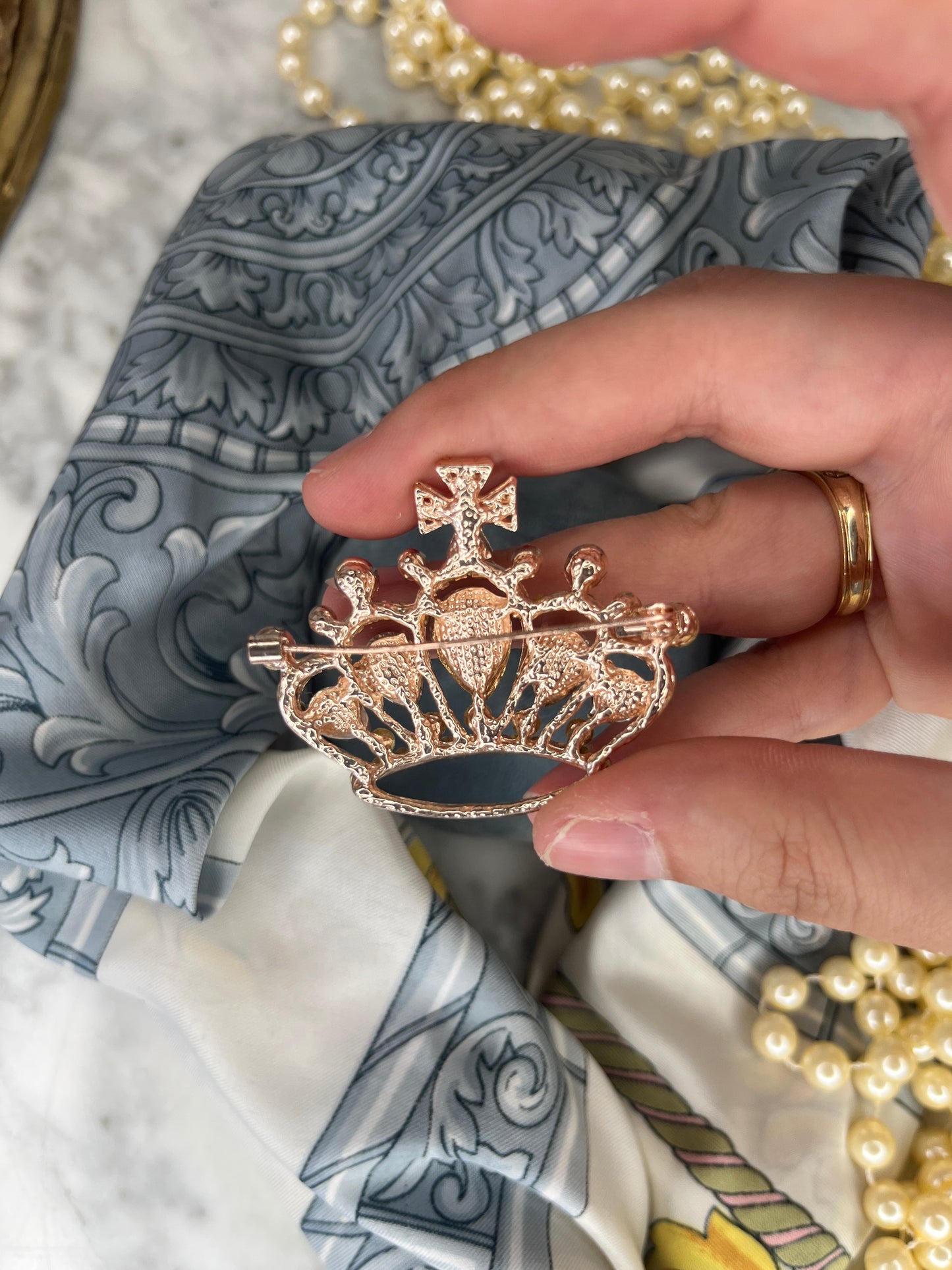 Vintage Crown Brooch, Rose Gold with Blue Stones