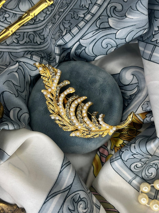 Vintage Golden Leaf Brooch, Pearl and Sparkling Marcasite