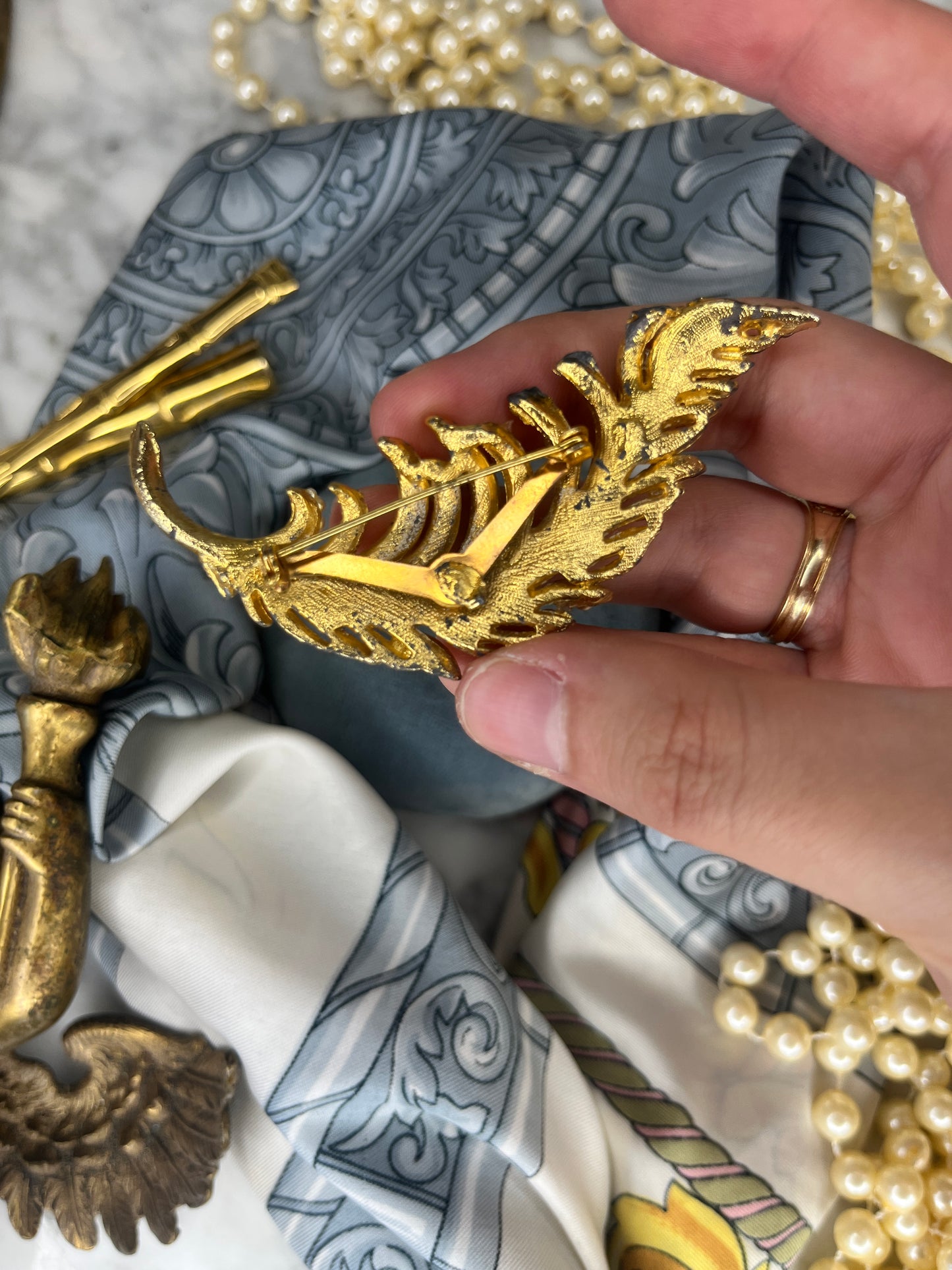 Vintage Golden Leaf Brooch, Pearl and Sparkling Marcasite