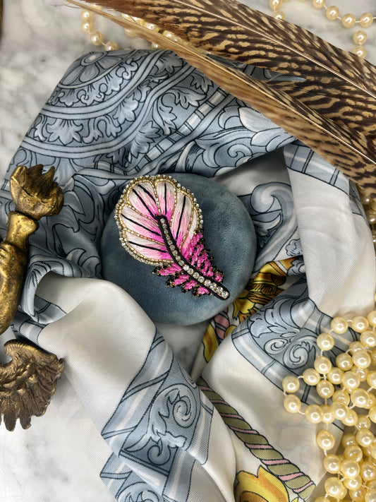 Handmade Embroidered Beaded Pink Feather Brooch purchased in France