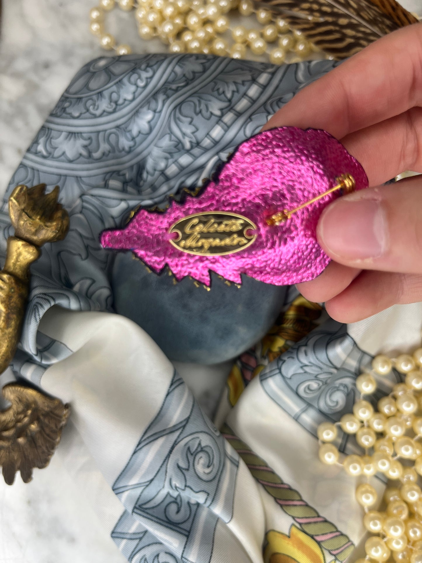Handmade Embroidered Beaded Pink Feather Brooch purchased in France