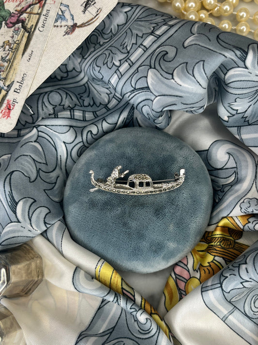Vintage Gondola Brooch, Silver 800 and Sparkling Marcasite, Purchased in Venice