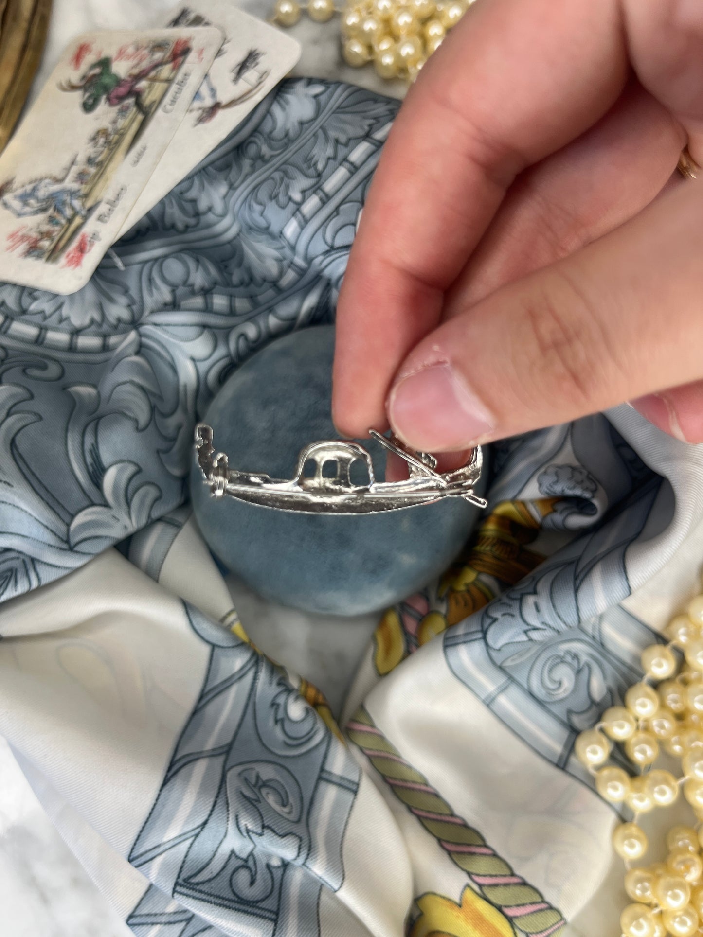 Vintage Gondola Brooch, Silver 800 and Sparkling Marcasite, Purchased in Venice