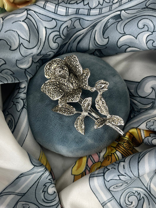 Vintage Rose Brooch, Silver and Sparkling Marcasite
