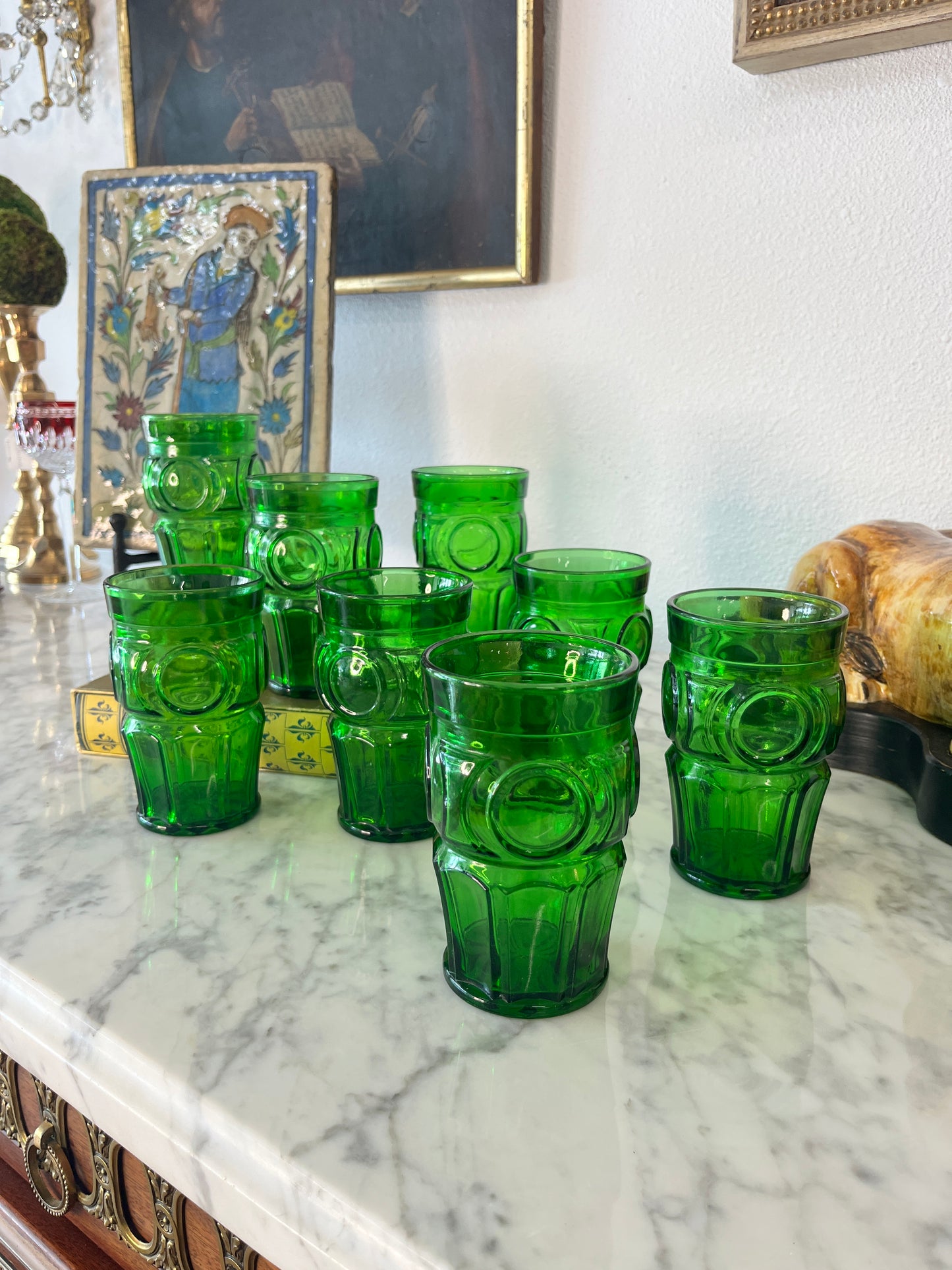 Set of 7 Vintage Bullseye Green Tumblers
