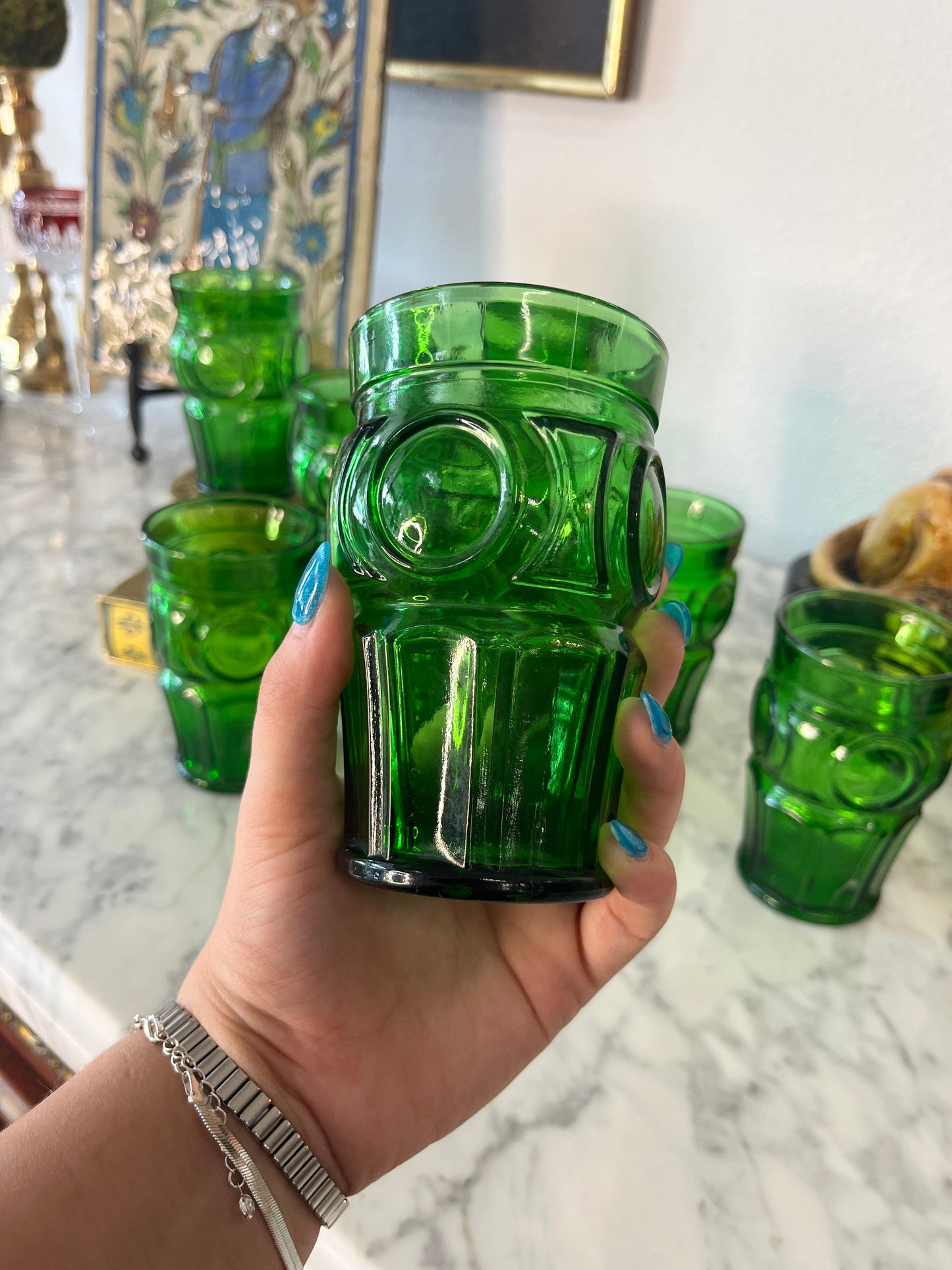 Set of 7 Vintage Bullseye Green Tumblers