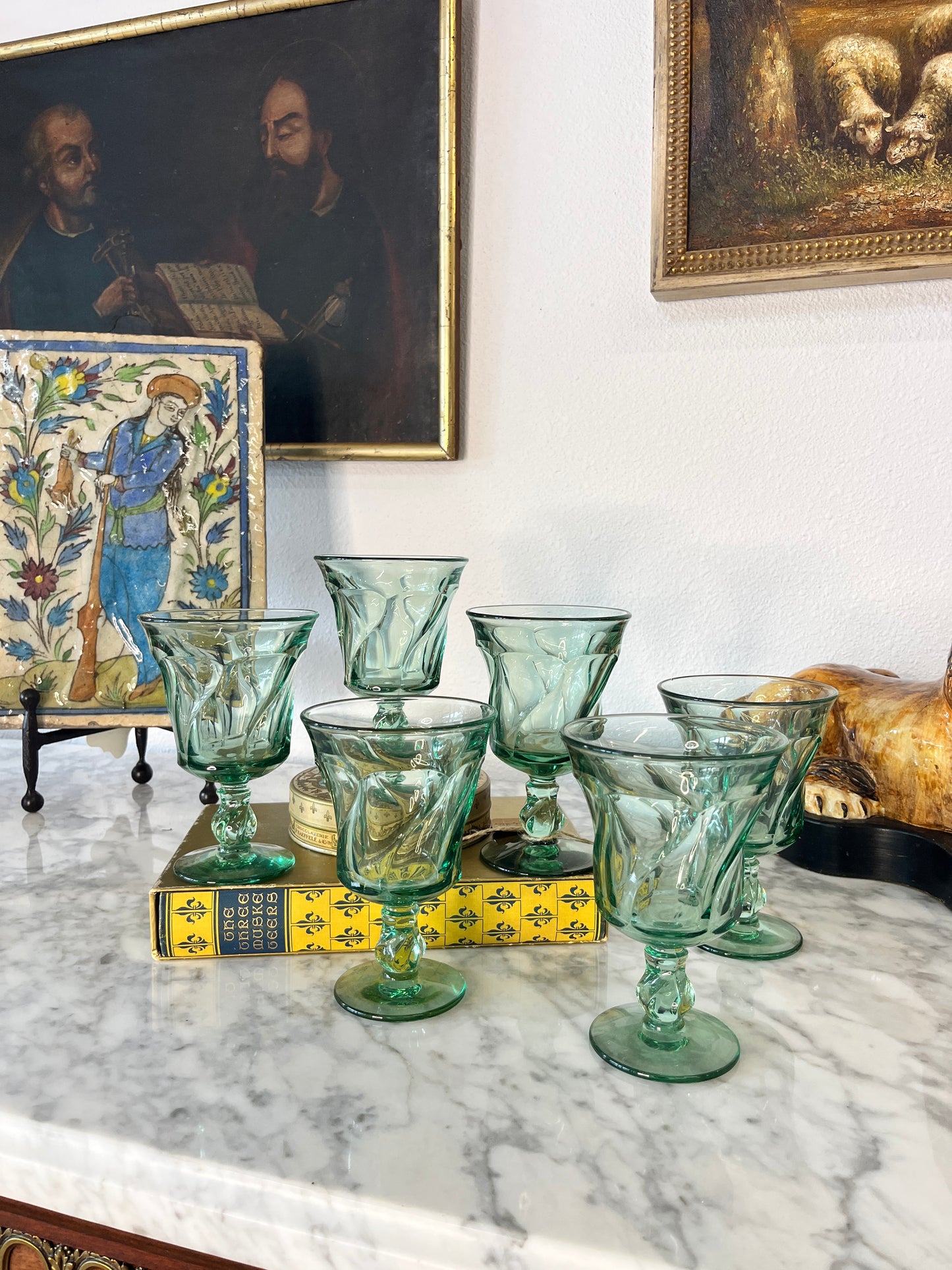 Set of 6 Fostoria Jamestown Green Swirl footed glasses 5"