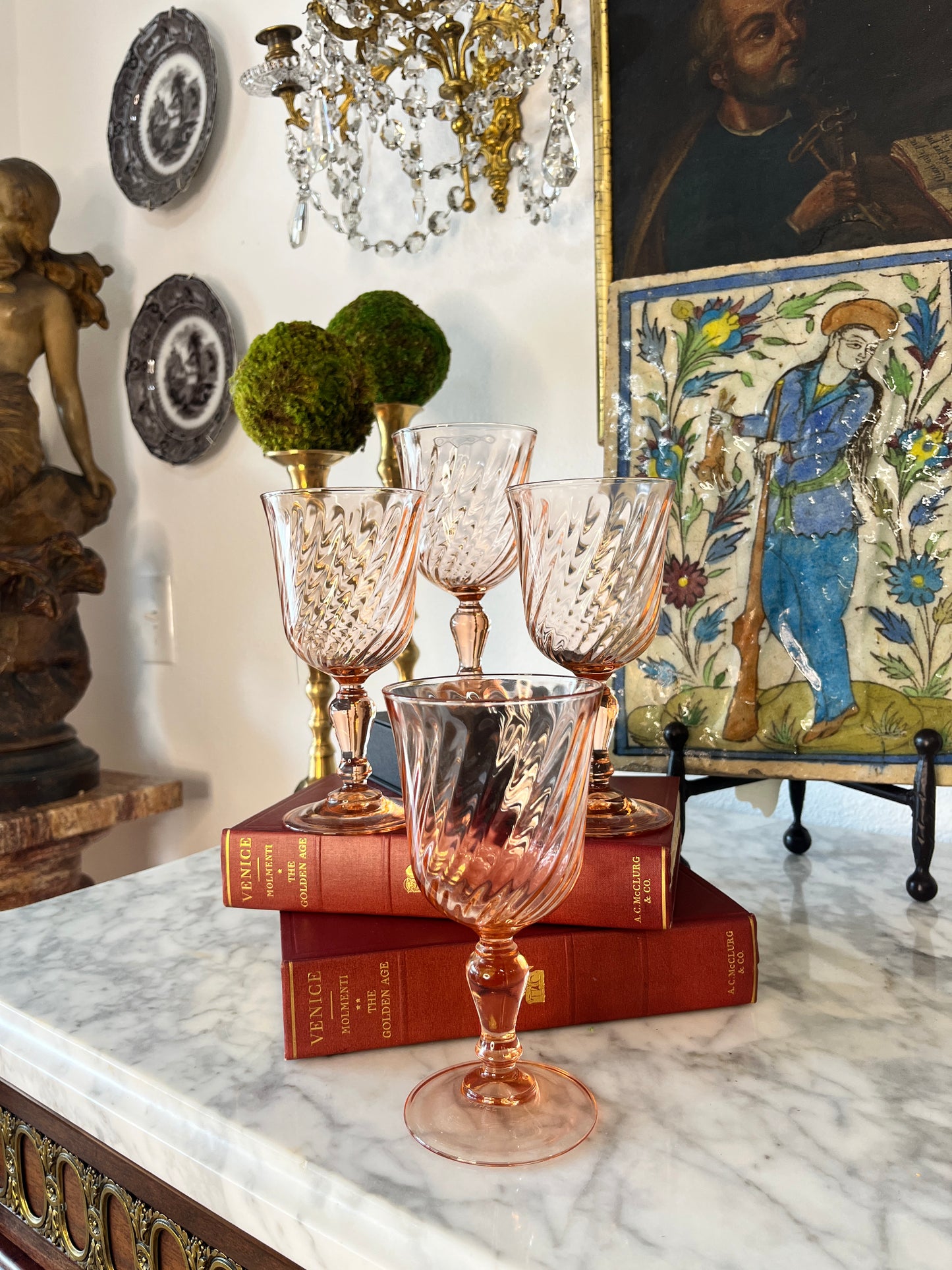 Set of 4 Vintage Cristal D'Argues Rosaline Pink Swirl Wine Glasses