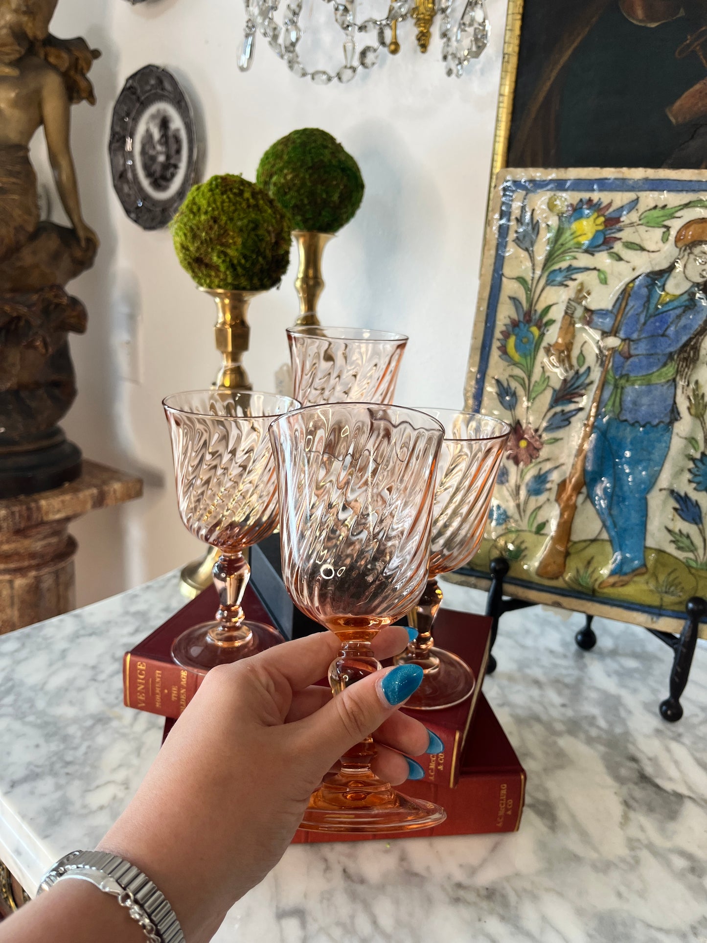 Set of 4 Vintage Cristal D'Argues Rosaline Pink Swirl Wine Glasses
