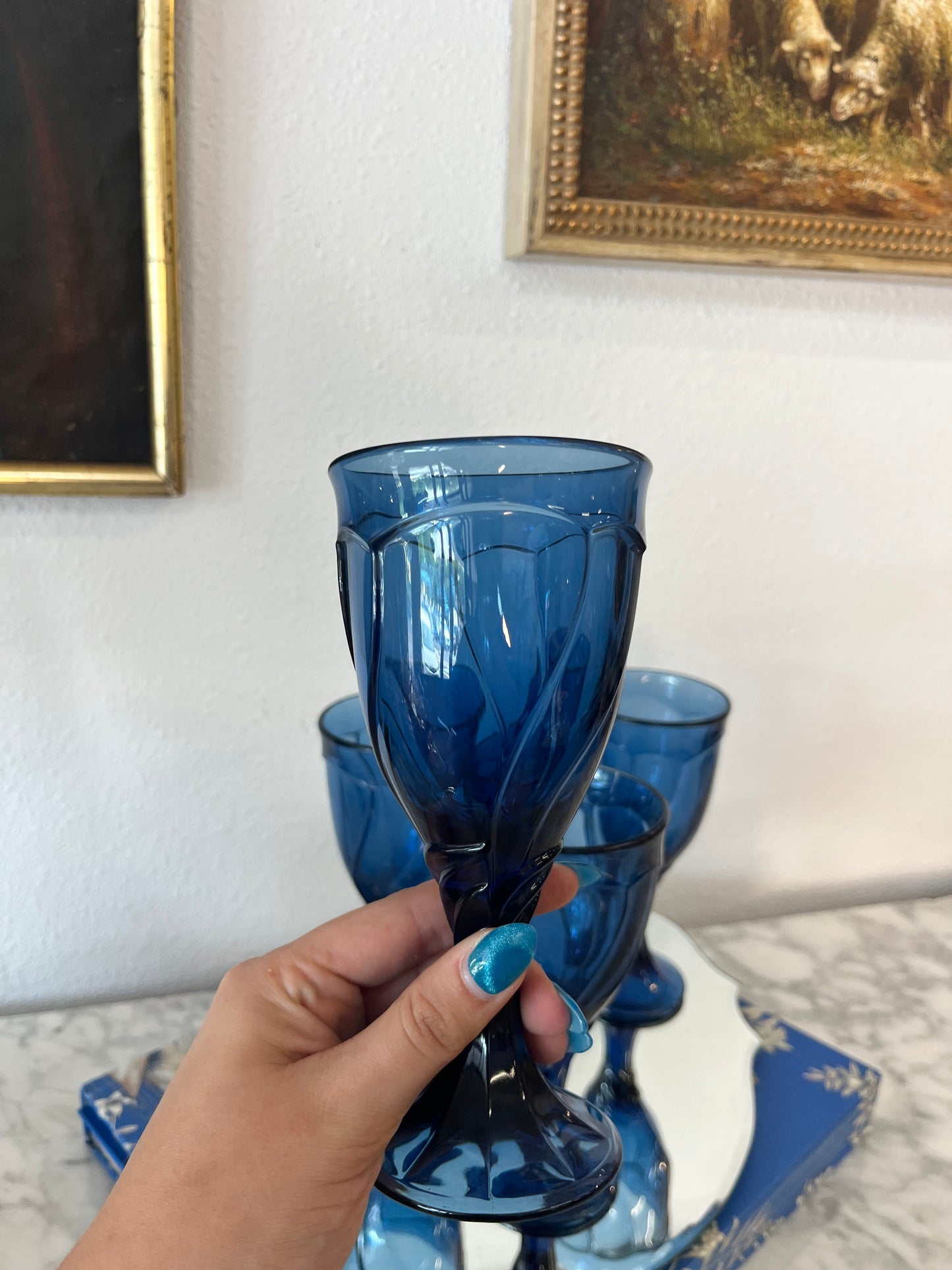 Set of 4 Noritake Sweet Swirl Midnight Blue ice tea glasses