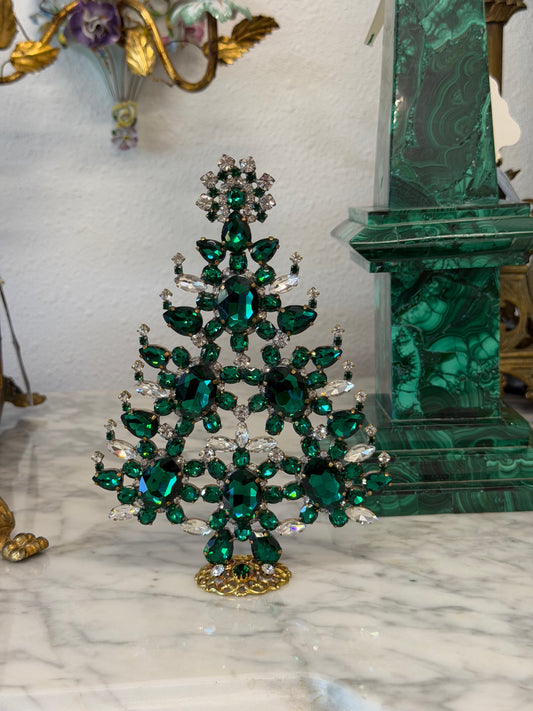 Handmade Czech Green Crystal Christmas Tree with Candlesticks