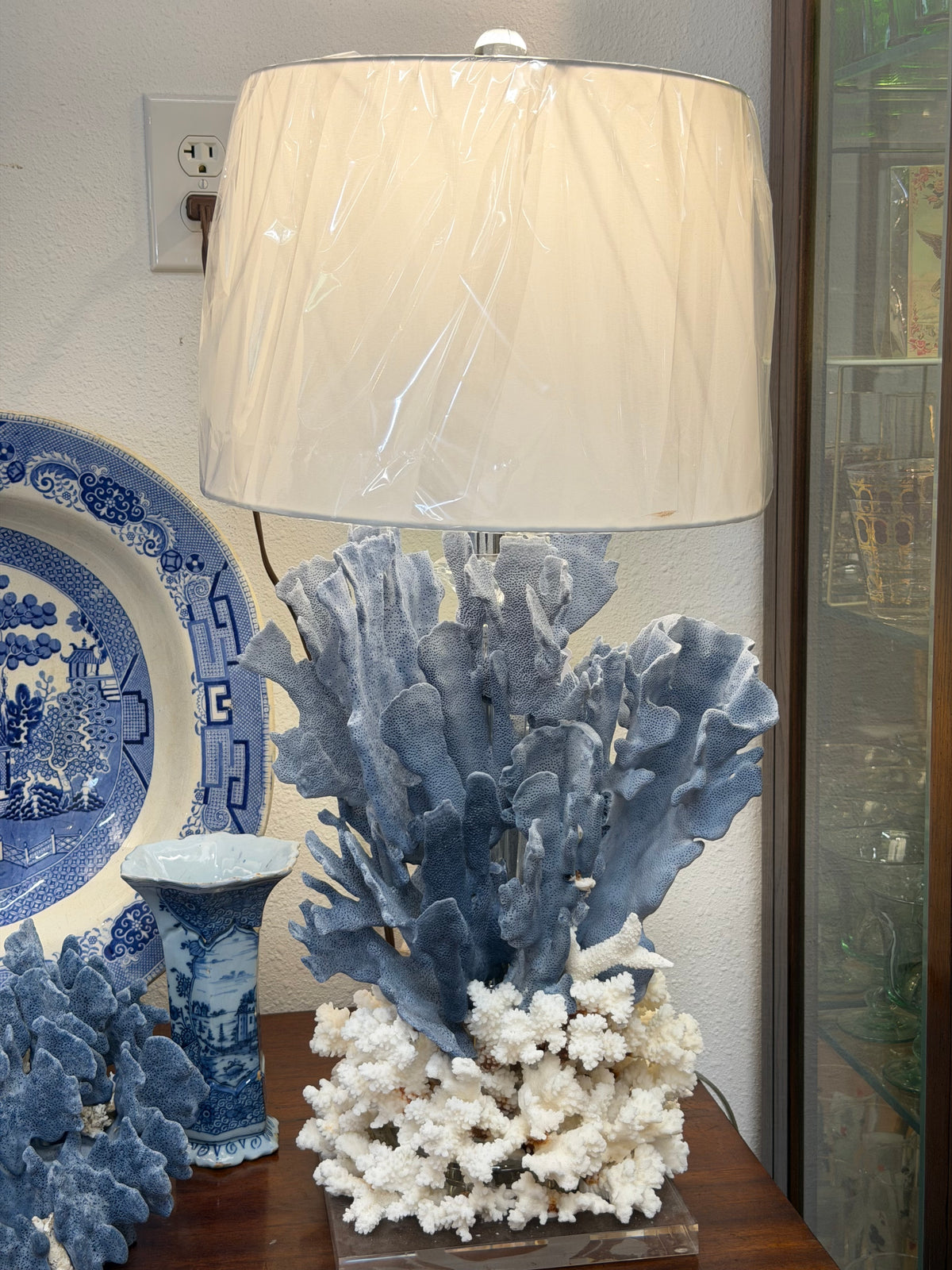 Real Blue Coral & White Coral Lamp | Slightly Darker Blue
