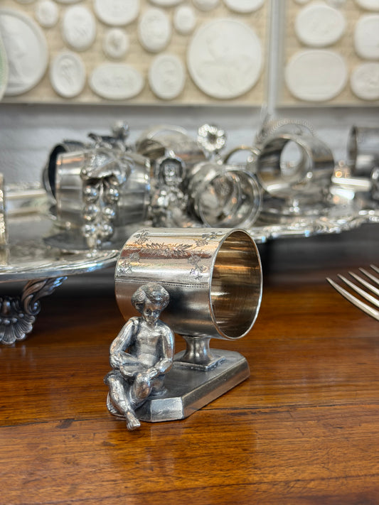 Antique Victorian Silverplate Napkin Ring | Little Boy Sitting