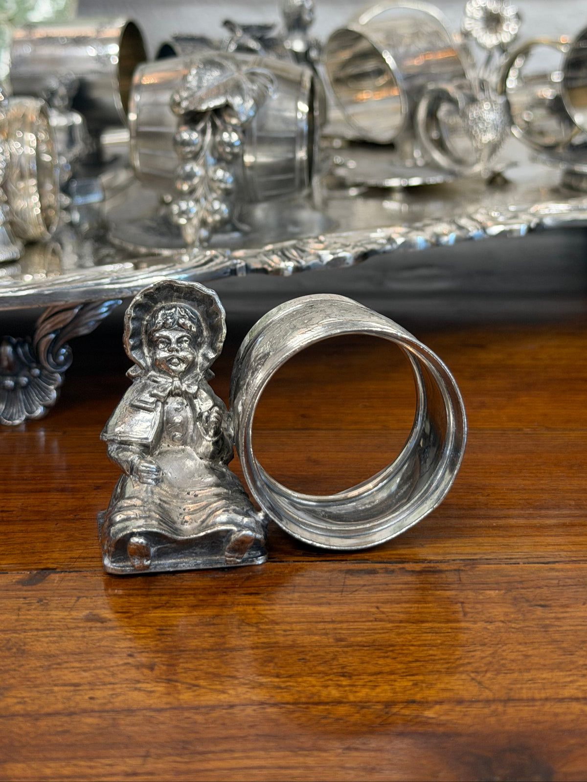 Antique Victorian Silverplate Napkin Ring | Little Girl with Bonnet