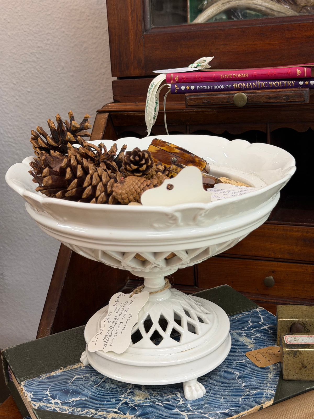 French Antique Porcelain Pierced Centerpiece Compote Basket