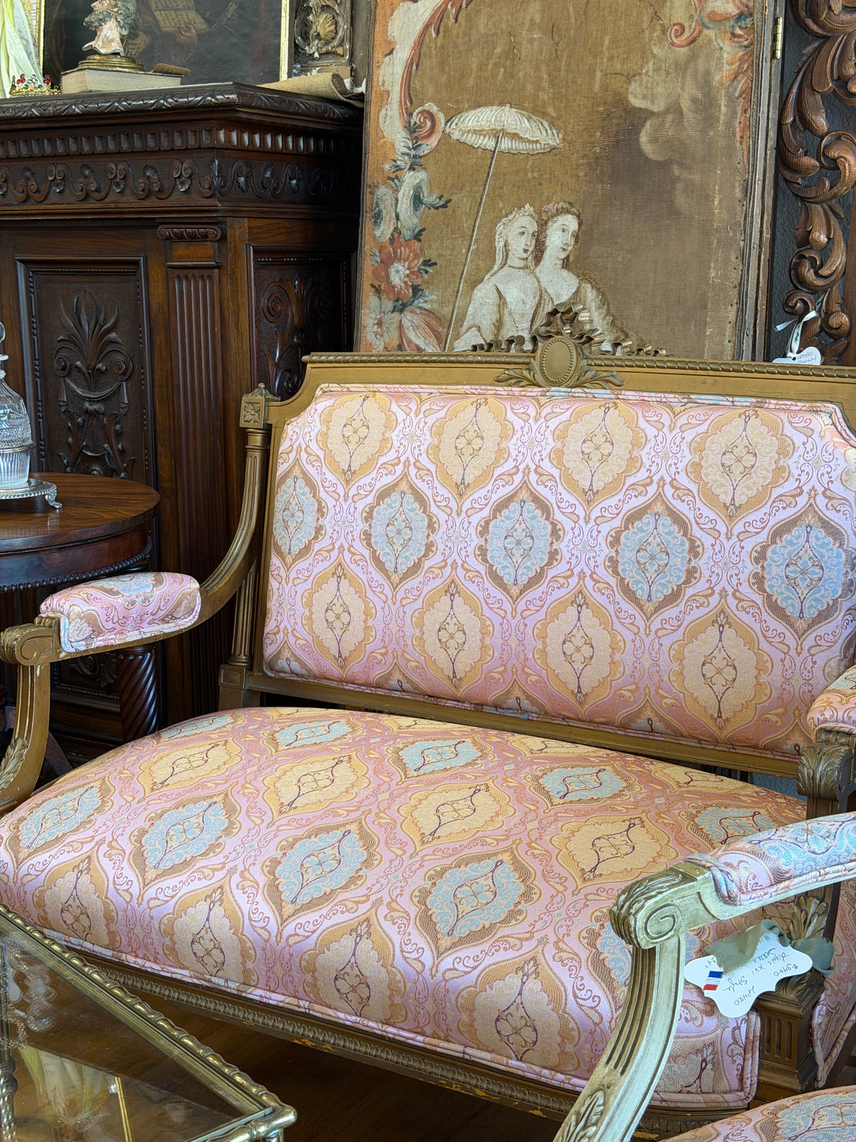 19th-Century Louis XVI-Style Settee | Giltwood Frame & Vintage Fortuny-Style Fabric