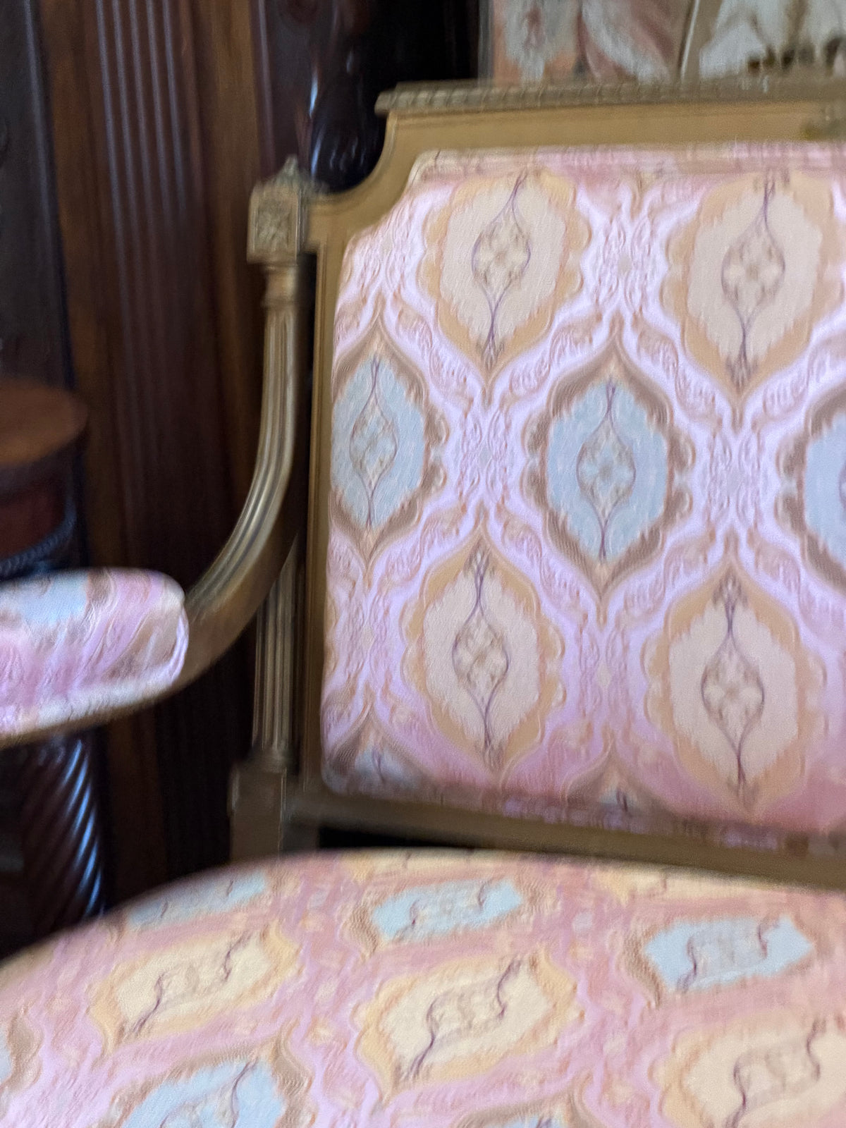 19th-Century Louis XVI-Style Settee | Giltwood Frame & Vintage Fortuny-Style Fabric