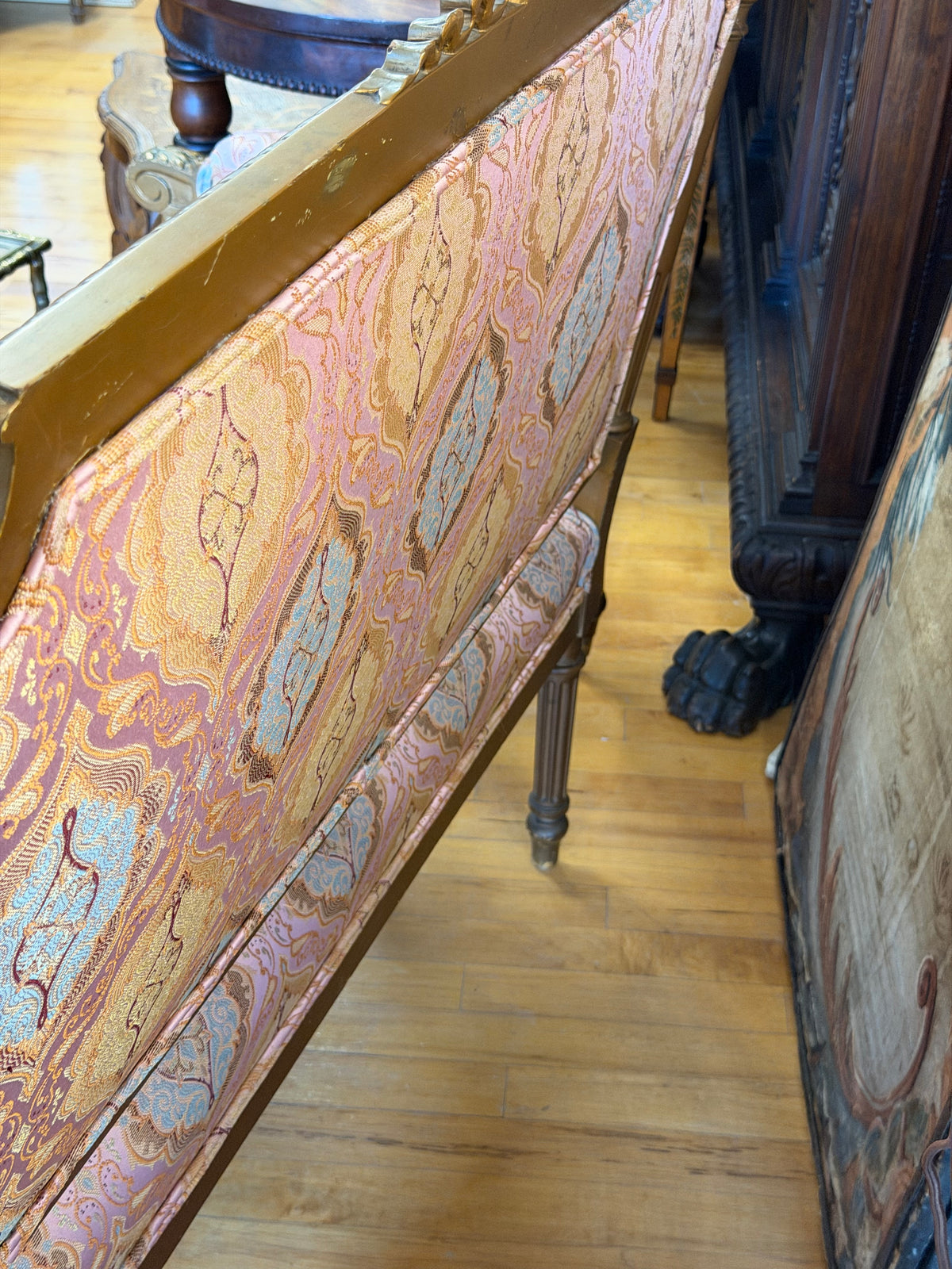 19th-Century Louis XVI-Style Settee | Giltwood Frame & Vintage Fortuny-Style Fabric