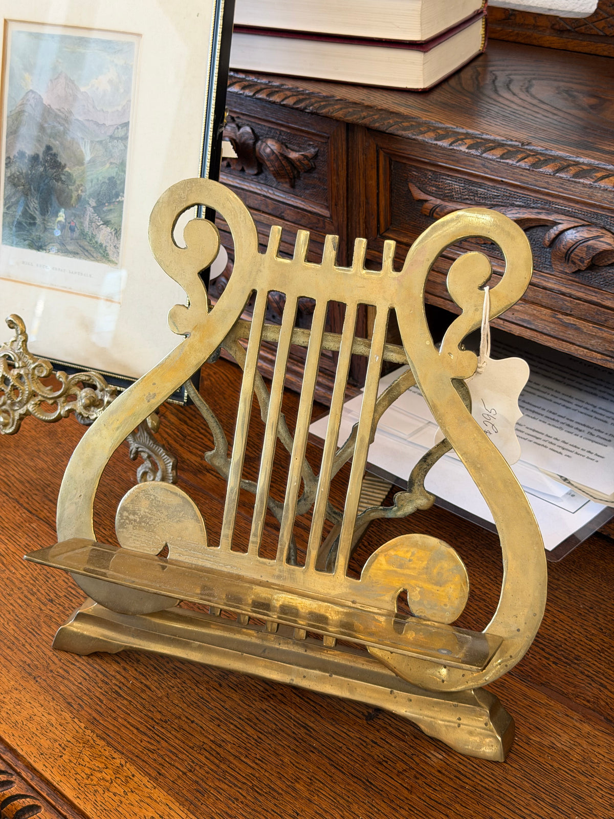 Vintage English Brass Table Top Music Stand in the Shape of a Lyre