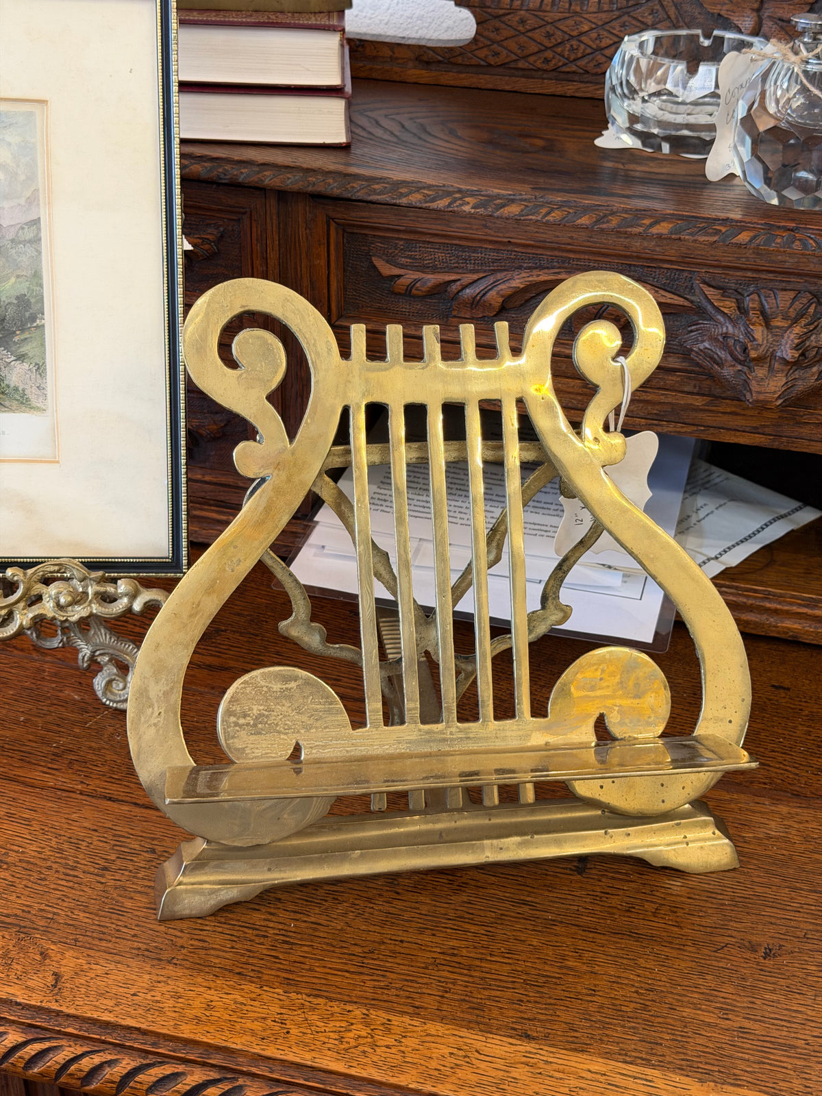 Vintage English Brass Table Top Music Stand in the Shape of a Lyre