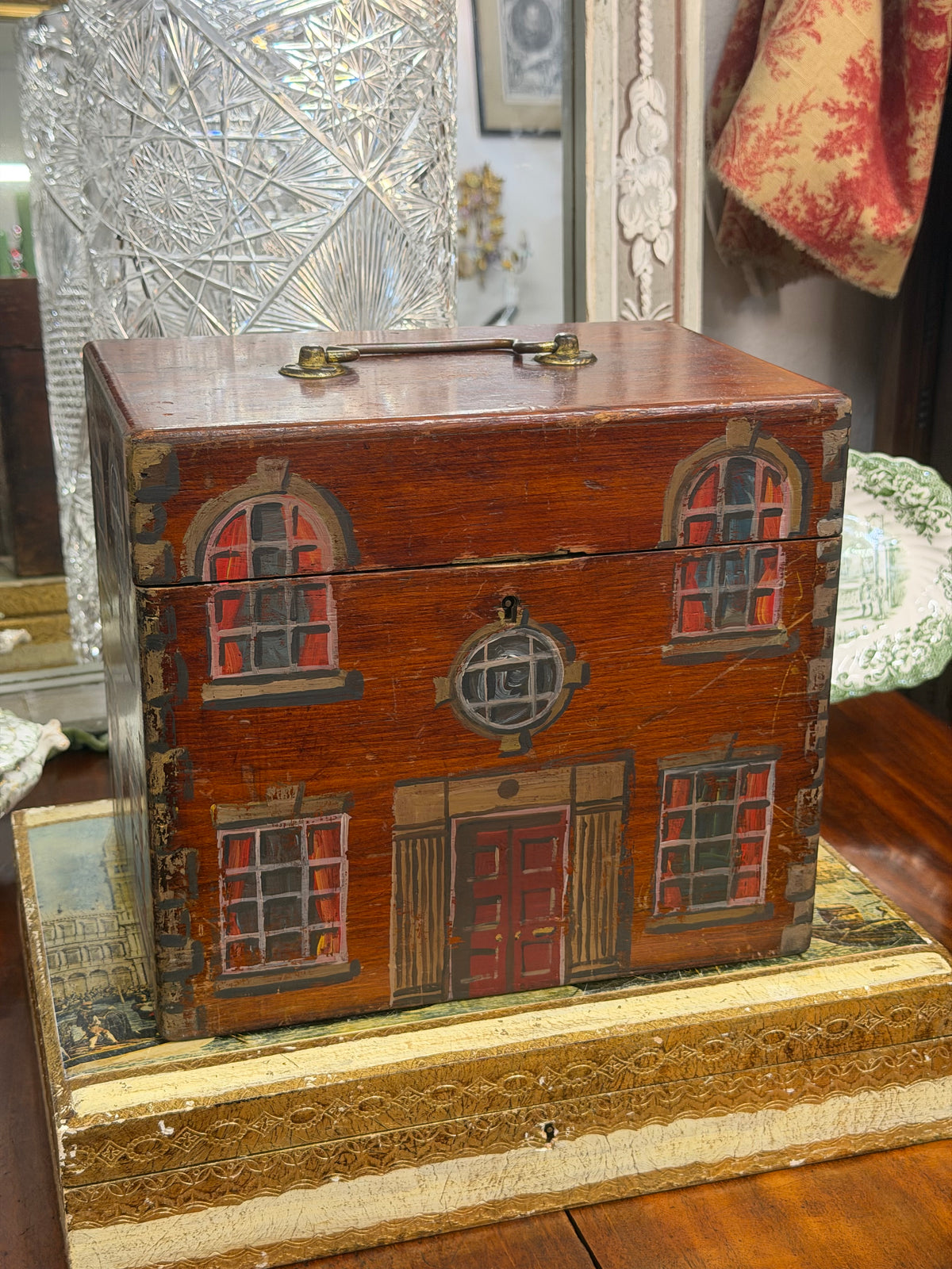 English 19th Century Mahogany Work Box With Hand Painted Decorated House Facade