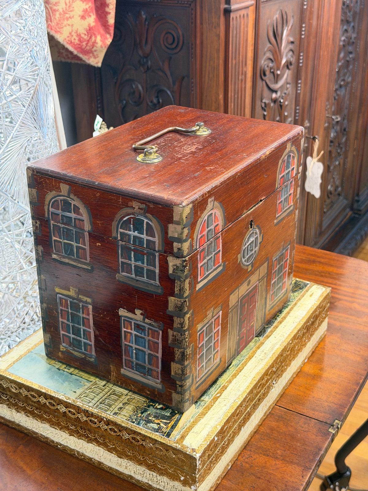 English 19th Century Mahogany Work Box With Hand Painted Decorated House Facade