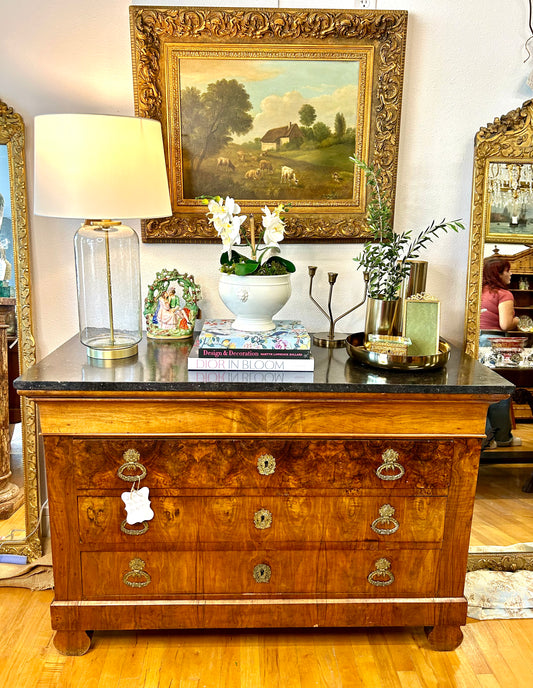 Commode of Marble top, Burl wood, Veneer