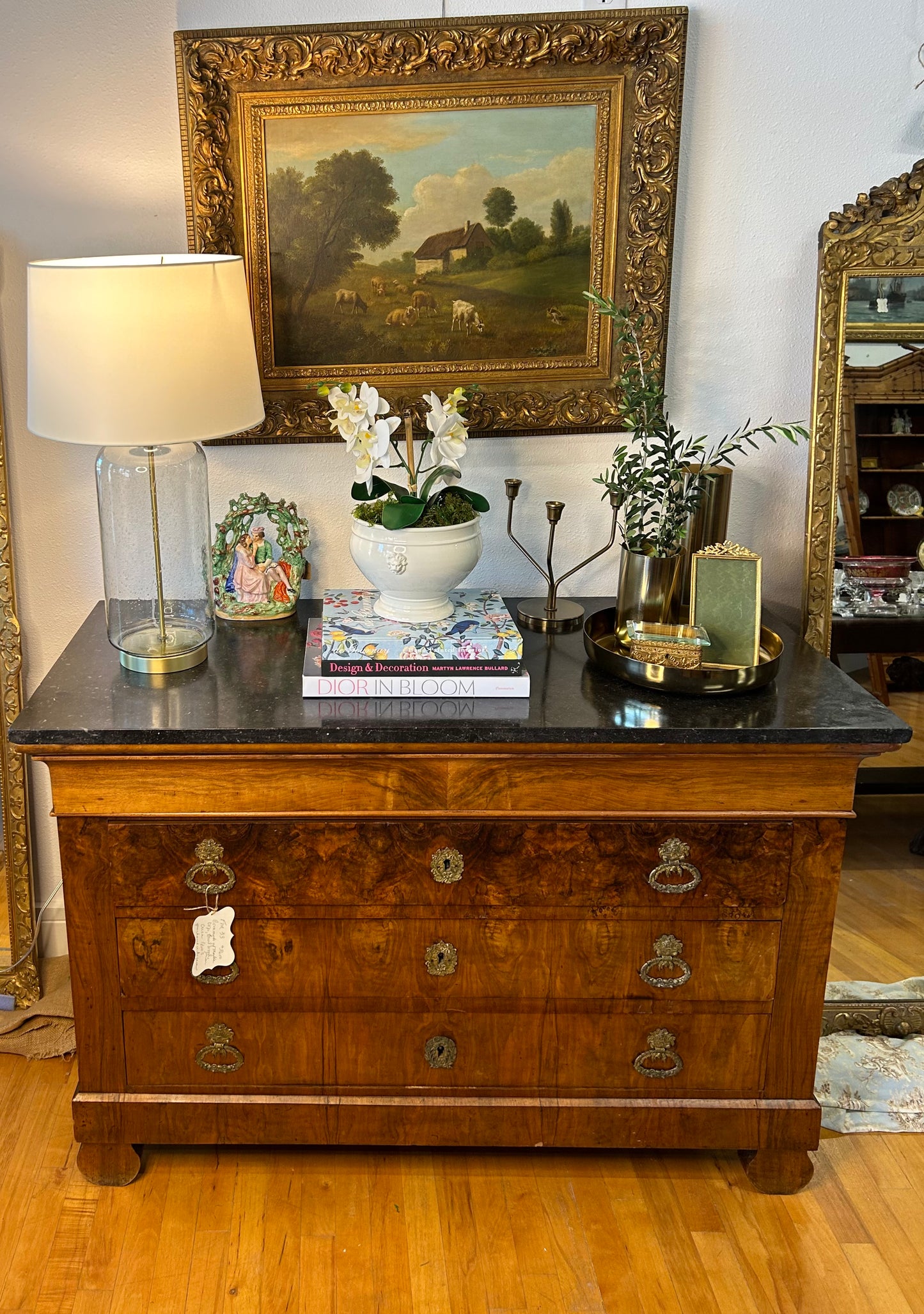 Commode of Marble top, Burl wood, Veneer