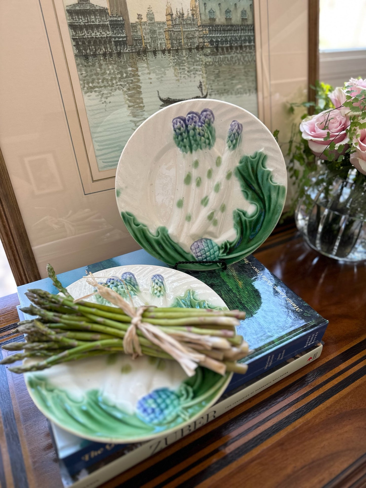 Antique French Asparagus Majolica Plates