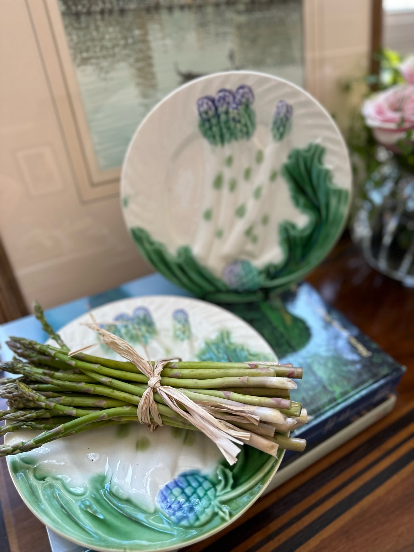 Antique French Asparagus Majolica Plates