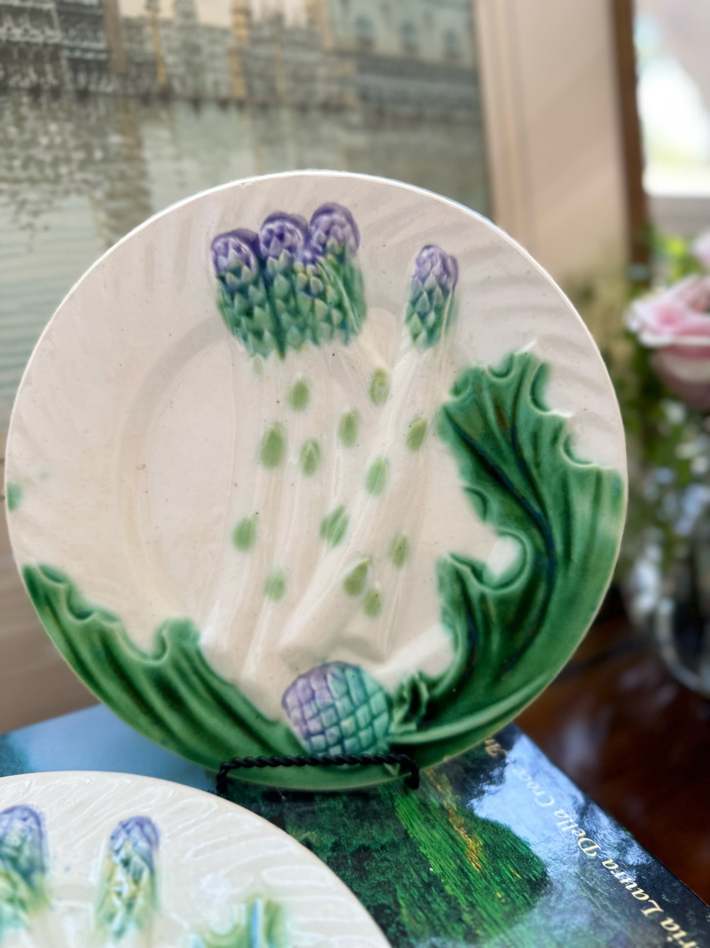 Antique French Asparagus Majolica Plates